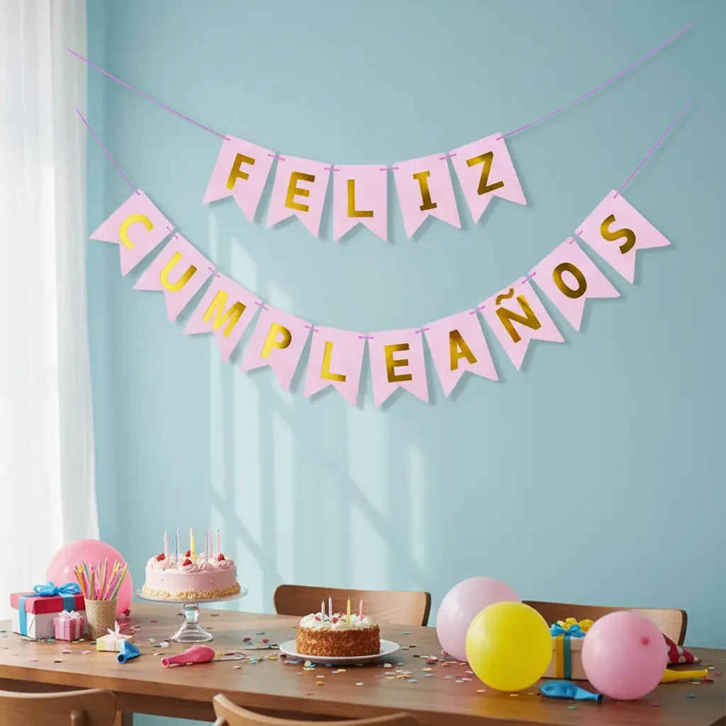 Guirnalda Banderín "Feliz Cumpleaños" Rosado Dorado