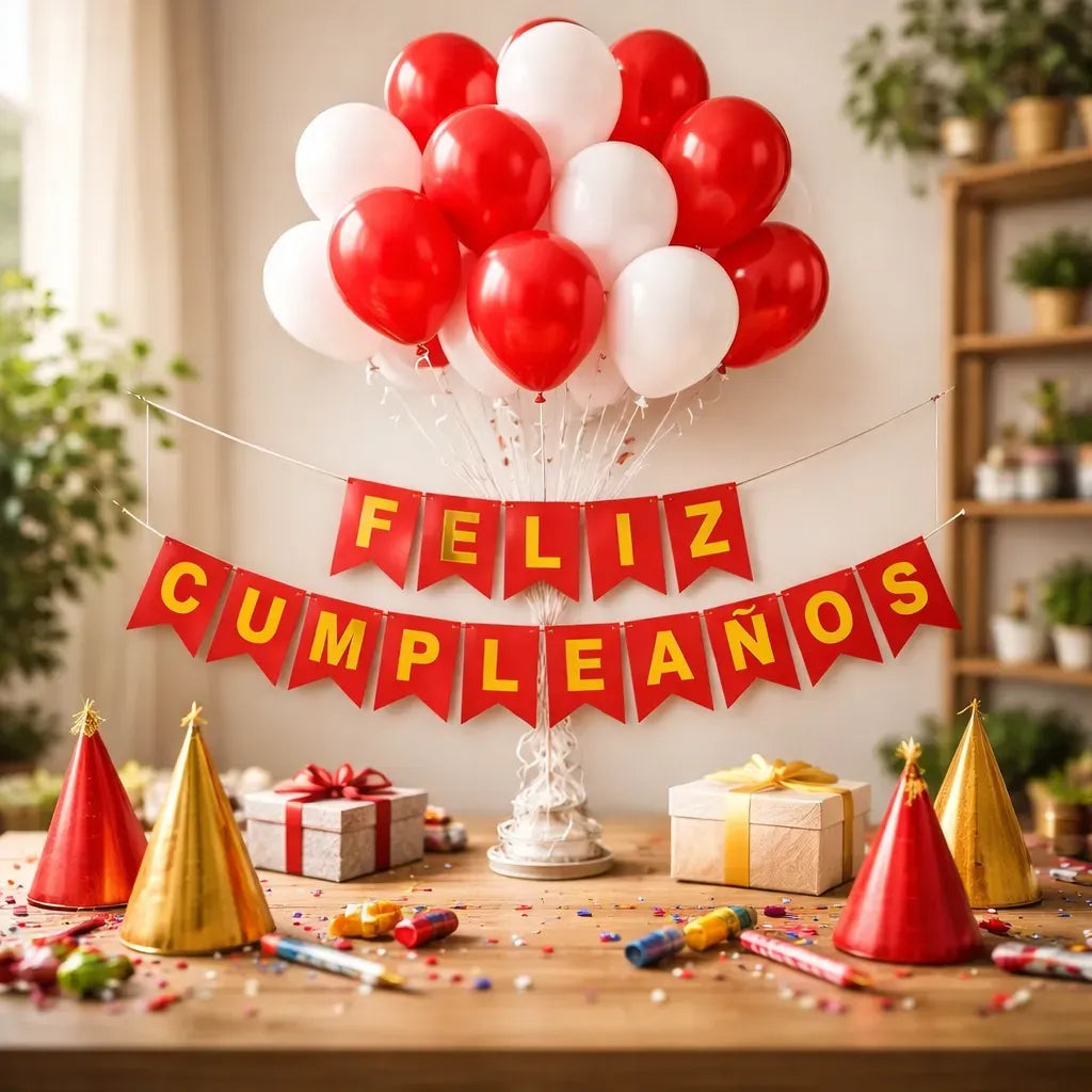 Kit Decoración Feliz Cumpleaños + Globos Blanco Rojo | Cotillón Activarte