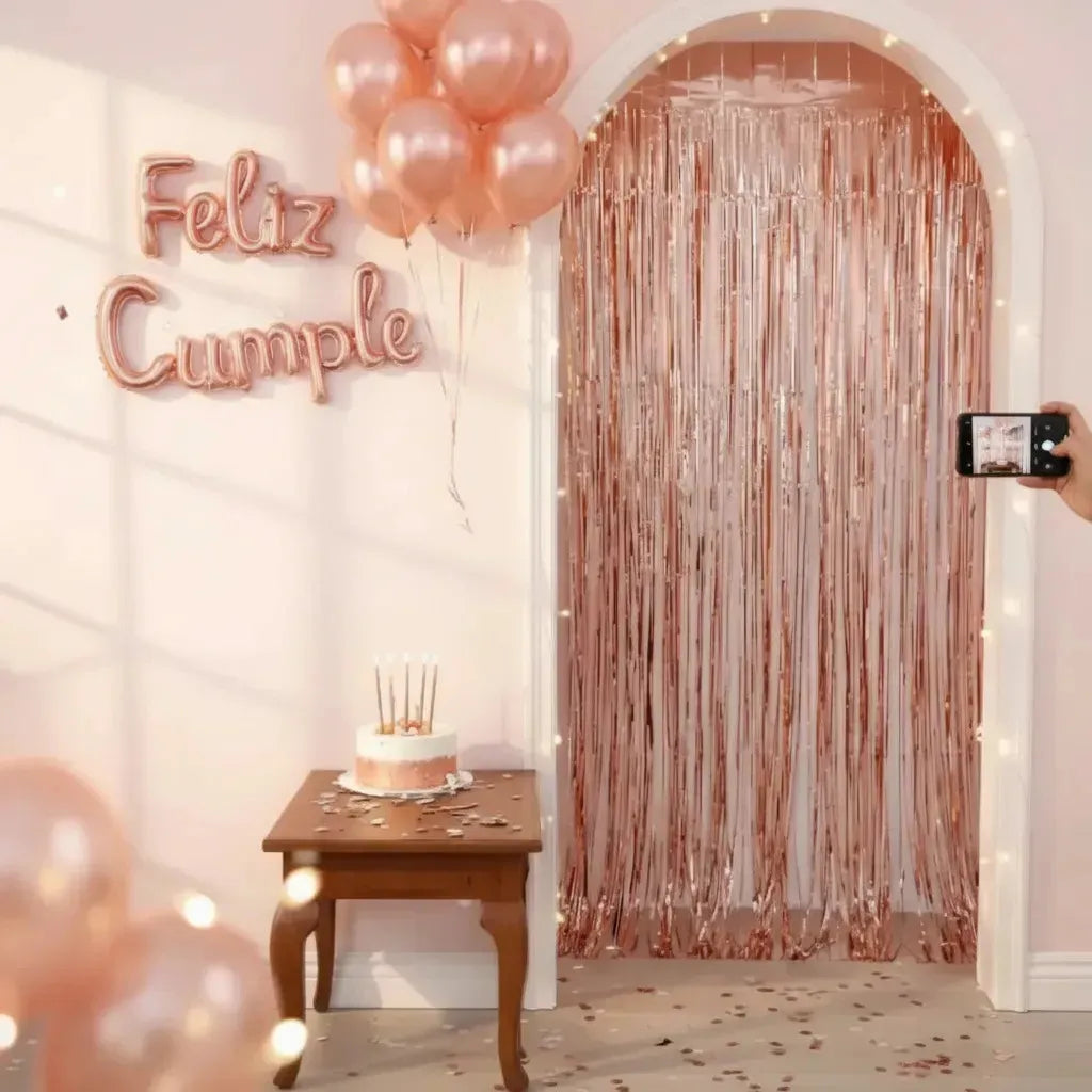 Kit Decoración Cumpleaños Rose Gold | Cortina, Globos y Feliz Cumpleaños