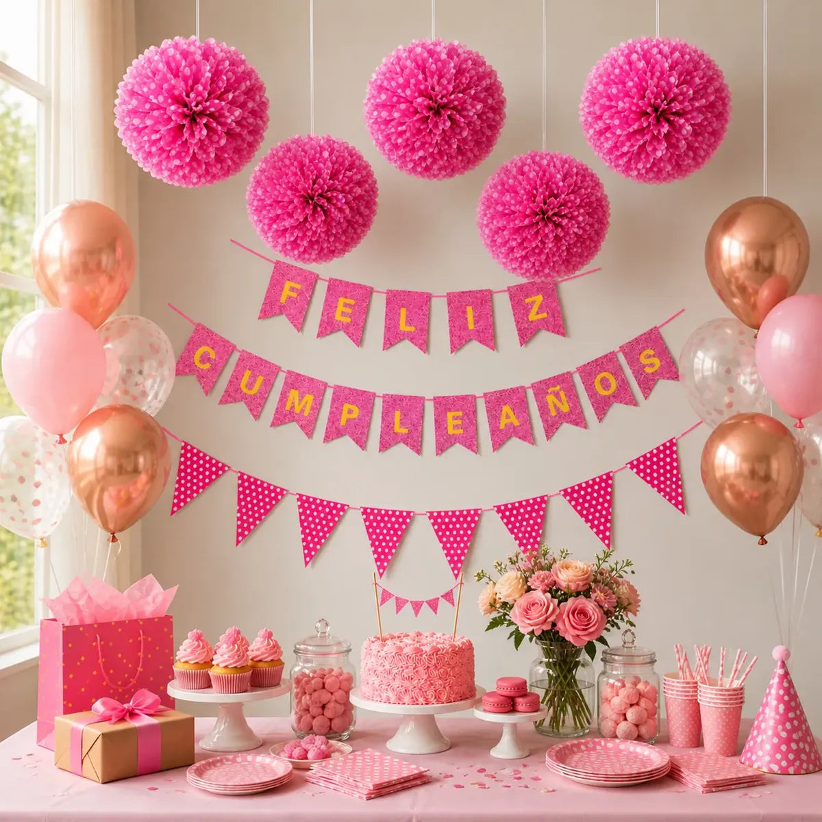 Kit Decoración Cumpleaños Fucsia Lunares Blancos | Pompones y Banderines | Cotillón Activarte