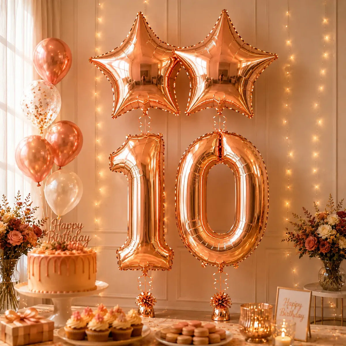 Set Decoración Cumpleaños Globos Número Rose Gold Estrella | Cotillón Activarte