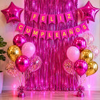 Kit Decoración Cumpleaños Fucsia | Cortina, Globos y Banderín | Cotillón Activarte