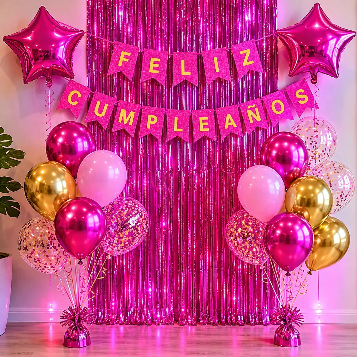 Kit Decoración Cumpleaños Fucsia | Cortina, Globos y Banderín | Cotillón Activarte