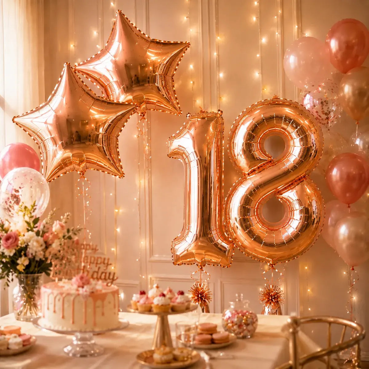 Set Decoración Cumpleaños Globos Número Rose Gold Estrella | Cotillón Activarte