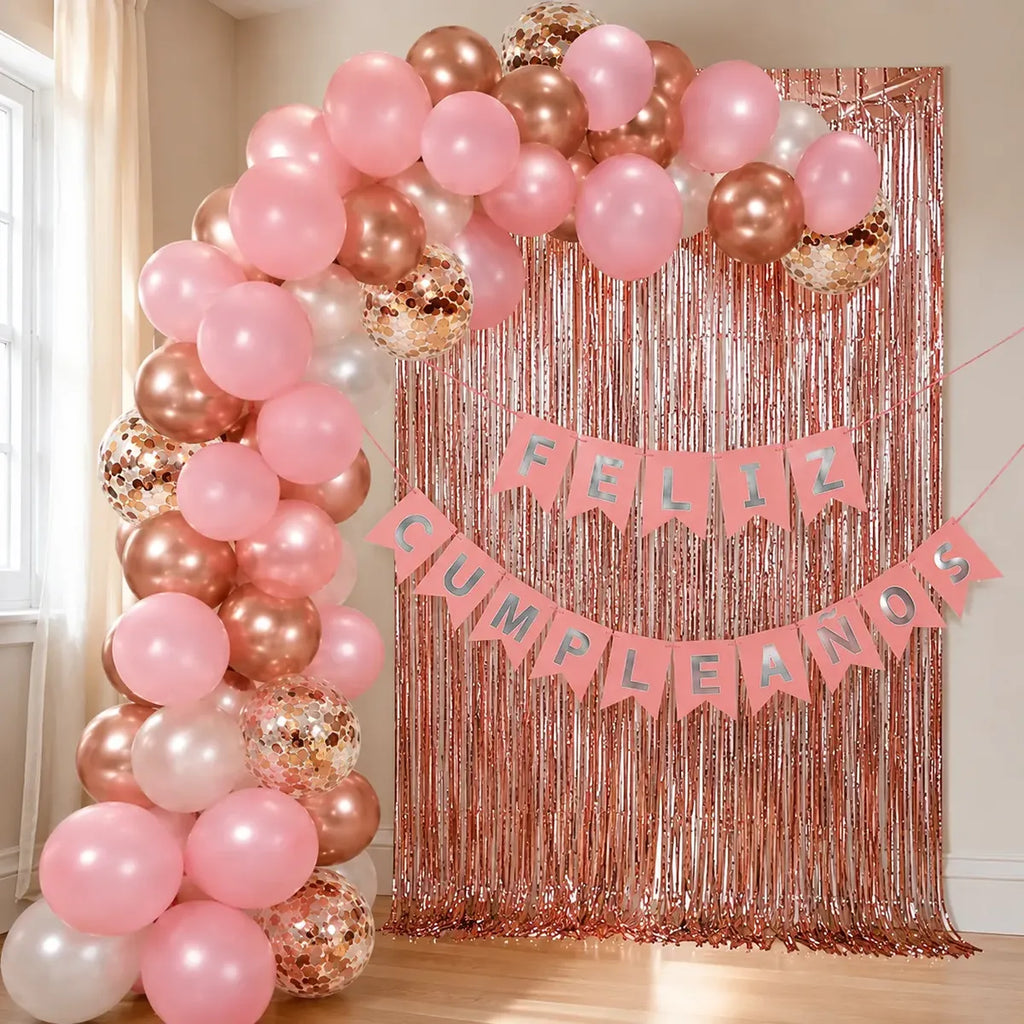 Kit Decoración Cumpleaños Rose Gold con Arco de 98 Globos