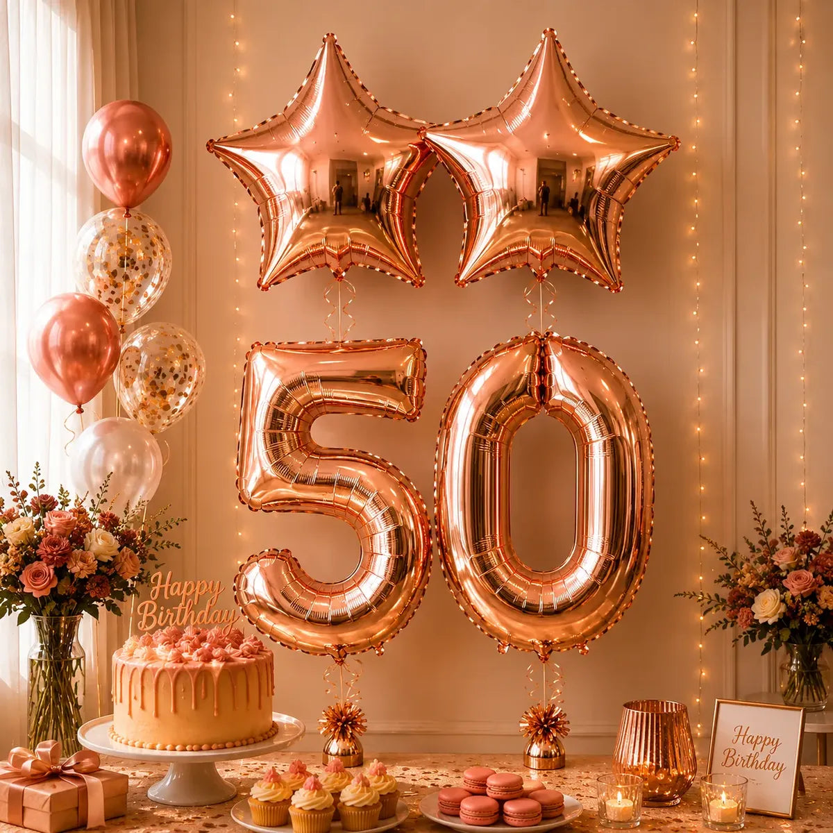Set Decoración Cumpleaños Globos Número Rose Gold Estrella | Cotillón Activarte