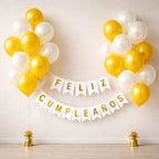 Kit Decoración Feliz Cumpleaños + Globos Blanco Dorado | Cotillón Activarte