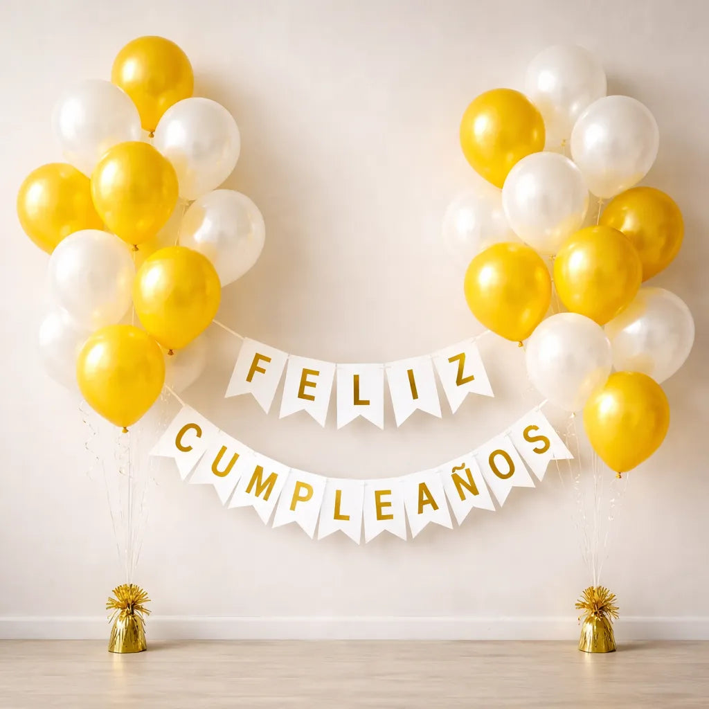 Kit Decoración Feliz Cumpleaños + Globos Blanco Dorado | Cotillón Activarte