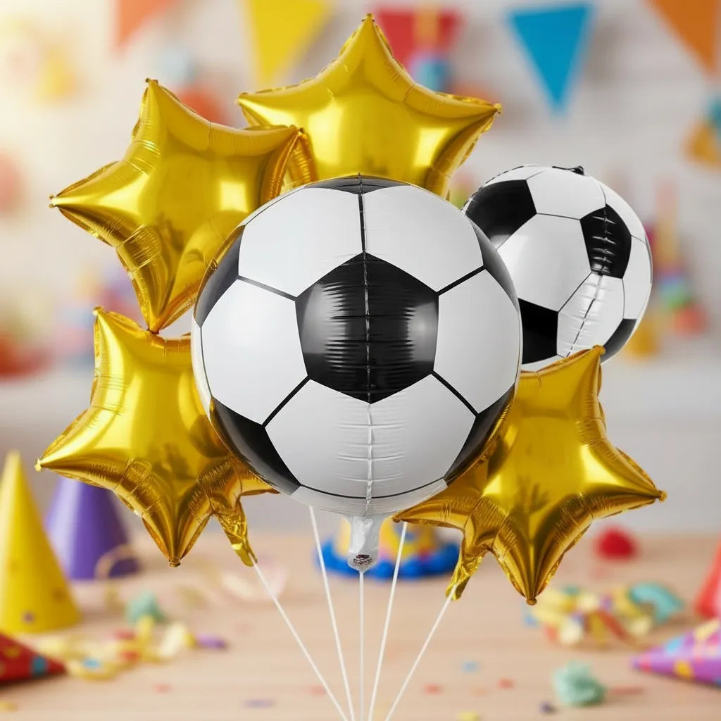 Set 5 Globos Metalizados Pelota de Fútbol y Estrellas Doradas | Cotillón Activarte