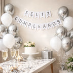 Kit Decoración Feliz Cumpleaños + Globos Blanco Plata | Cotillón Activarte