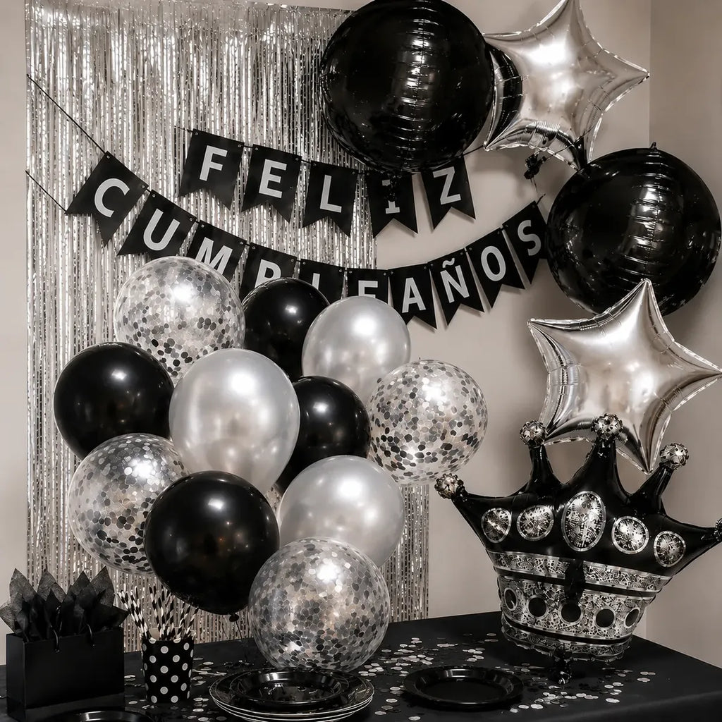 Kit Decoración Cumpleaños Negro Plateado | Fiesta Completa