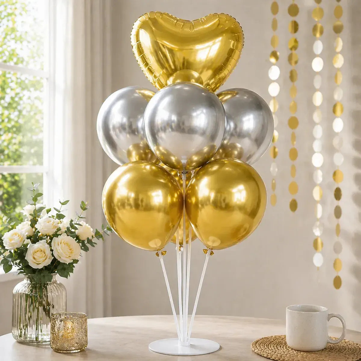 Set 7 Globos Corazón Cromo Dorado con Base | Decoración Cumpleaños