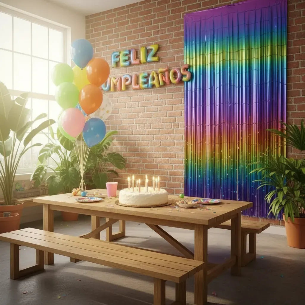 Kit Decoración Cumpleaños Multicolor Metalizado | Cortina + Globos + Velas