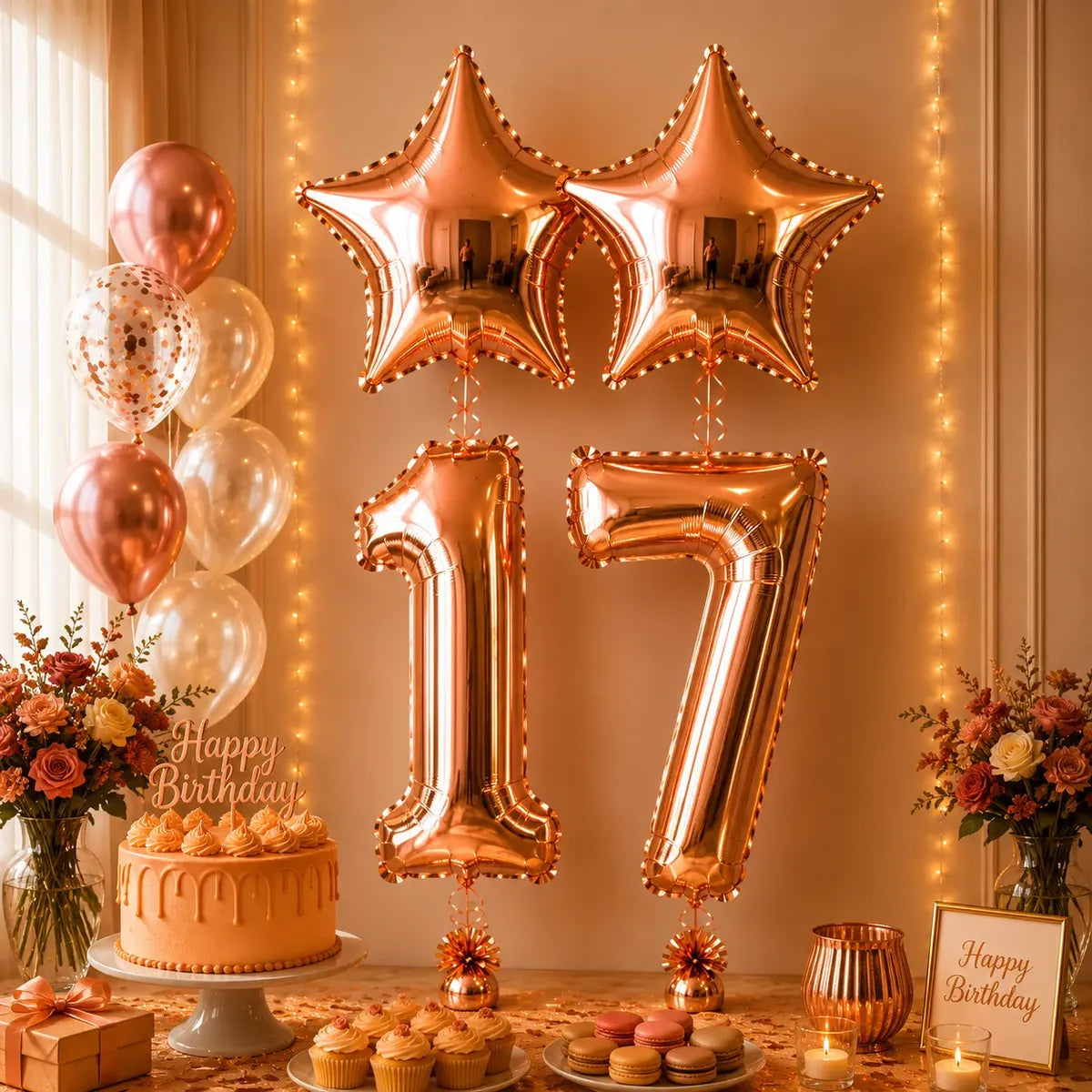 Set Decoración Cumpleaños Globos Número Rose Gold Estrella | Cotillón Activarte