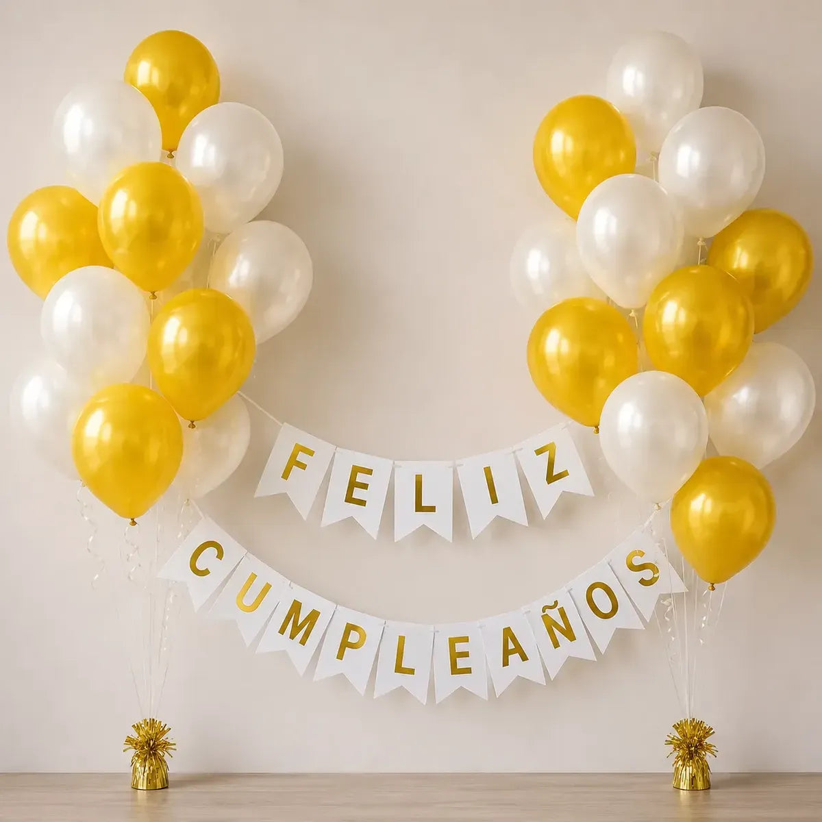 Kit Decoración Feliz Cumpleaños + Globos Blanco Dorado | Cotillón Activarte