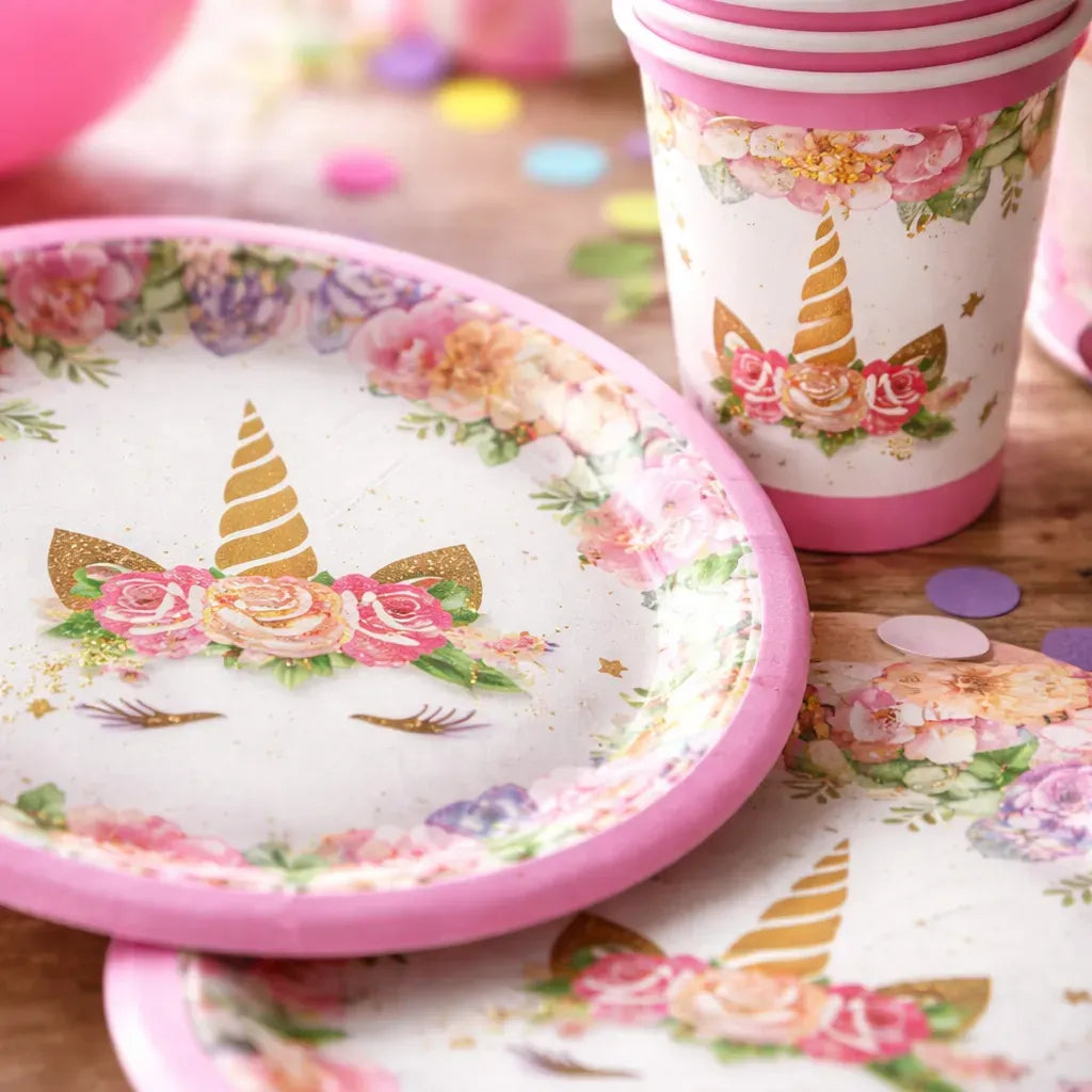 Set Vajilla Cumpleaños Unicornio Kawaii para 12 personas | 12 Platos + 12 Vasos