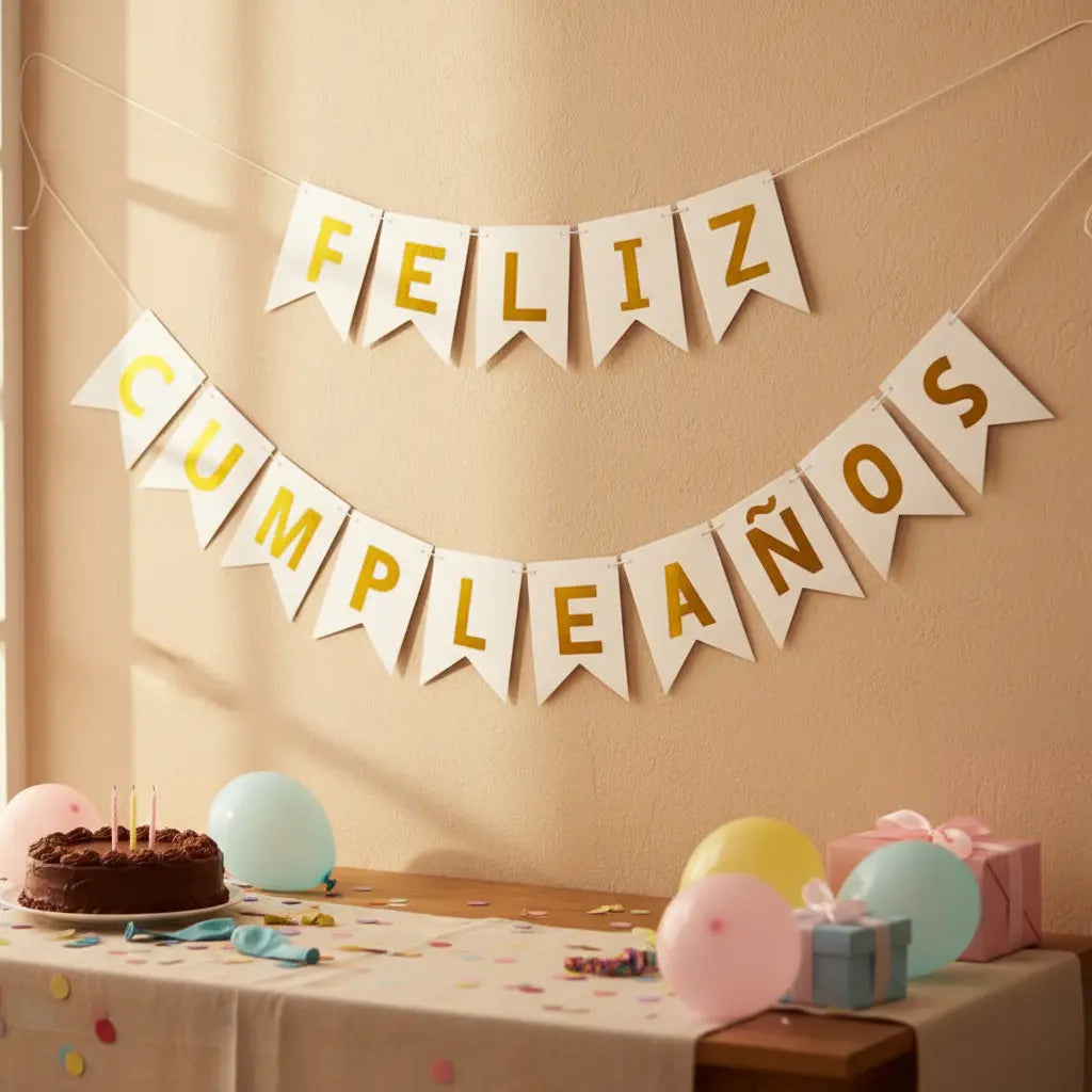 Guirnalda Banderín "Feliz Cumpleaños" Blanco Dorado