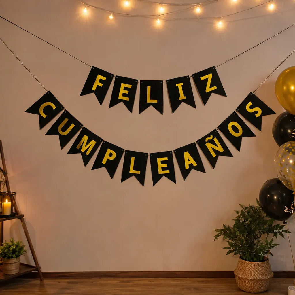 Guirnalda Banderín "Feliz Cumpleaños" Negro Dorado
