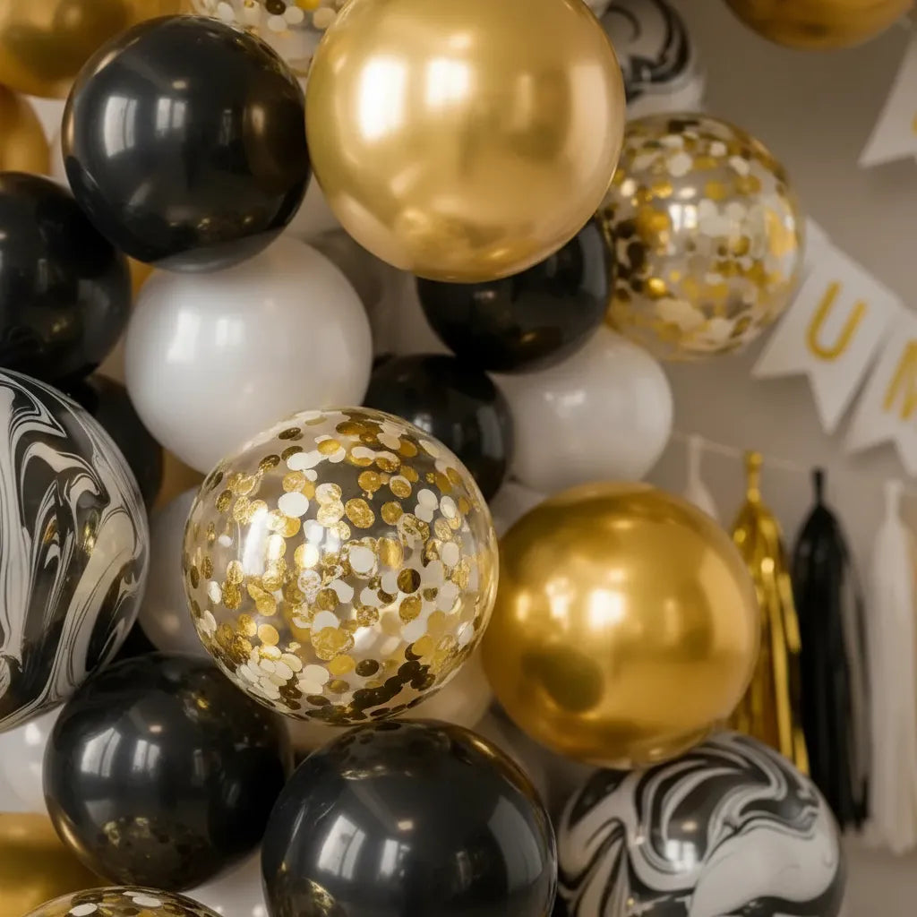 Kit Decoración Cumpleaños Arco Orgánico Negro Dorado Ágata