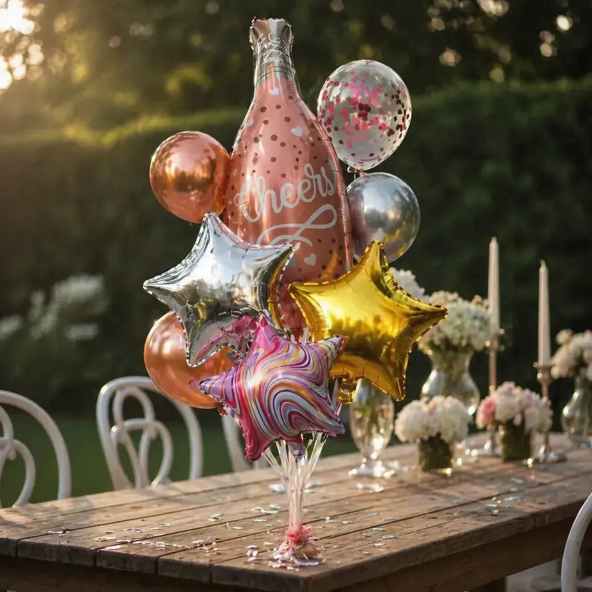 Set Globos Metálicos Botella Champaña y Estrellas | Decoración Cumpleaños