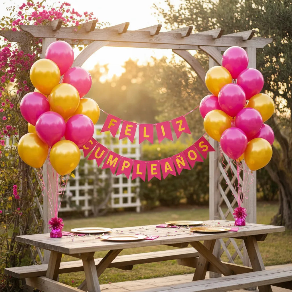 Kit Decoración Feliz Cumpleaños + Globos Fucsia Dorado | Cotillón Activarte