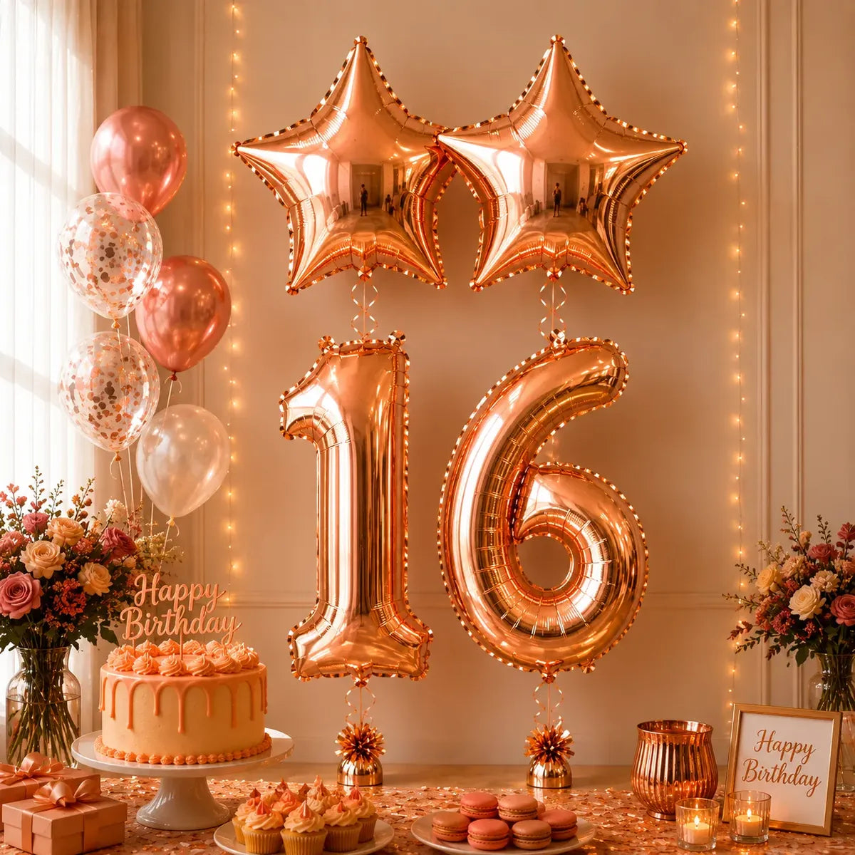 Set Decoración Cumpleaños Globos Número Rose Gold Estrella | Cotillón Activarte