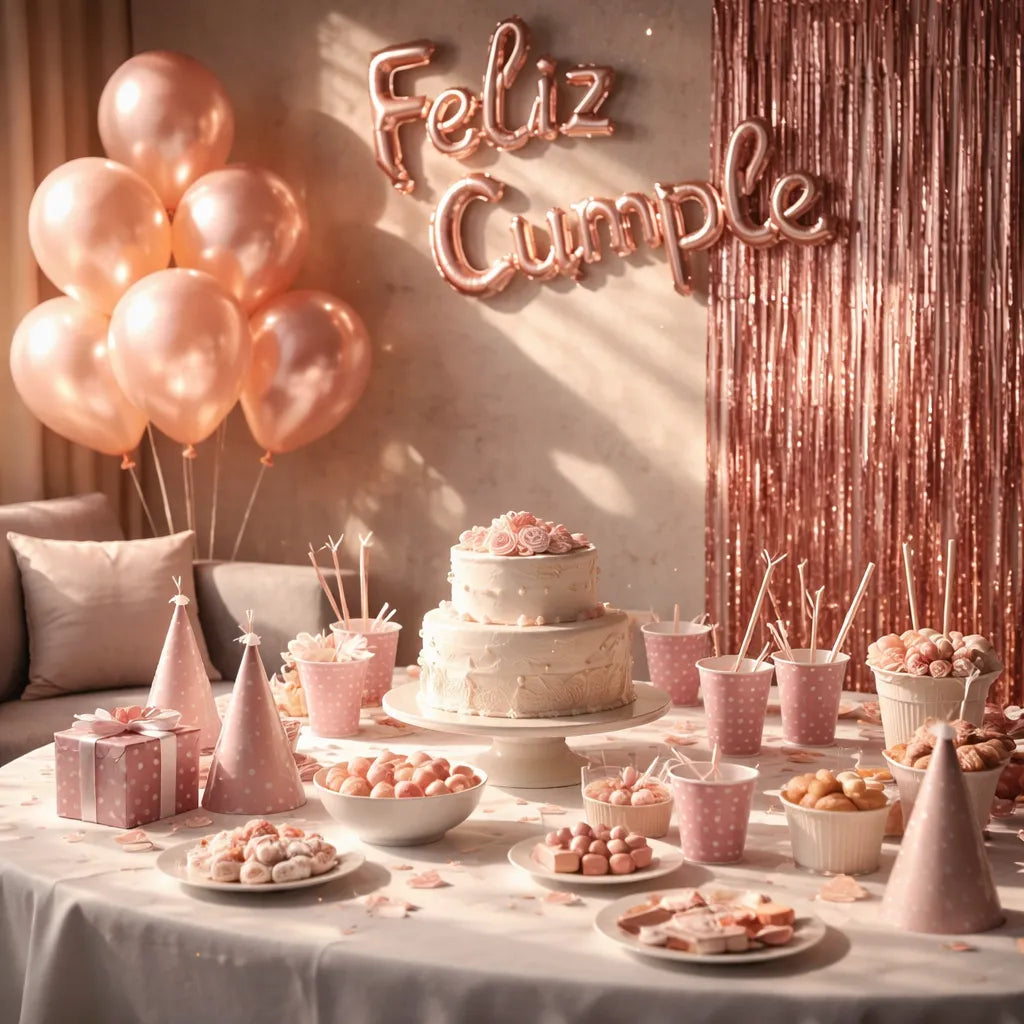 Kit Decoración Cumpleaños Rose Gold | Cortina, Globos y Feliz Cumpleaños