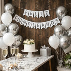 Kit Decoración Feliz Cumpleaños + Globos Blanco Plata | Cotillón Activarte