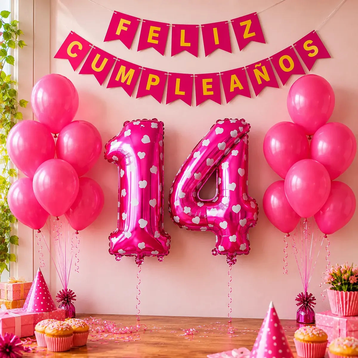 Set Feliz Cumpleaños+ Globos Número Fucsia | Cotillón Activarte