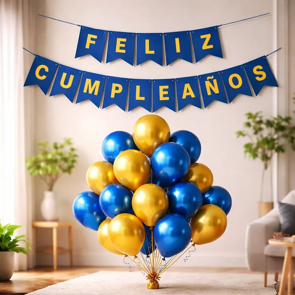 Kit Decoración Feliz Cumpleaños+ Globos Azul Dorado | Cotillón Activarte