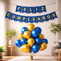 Kit Decoración Feliz Cumpleaños+ Globos Azul Dorado | Cotillón Activarte