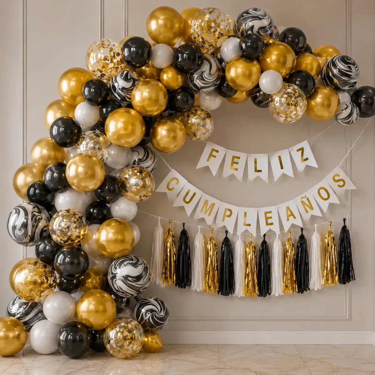 Kit Decoración Cumpleaños Arco Orgánico Negro Dorado Ágata