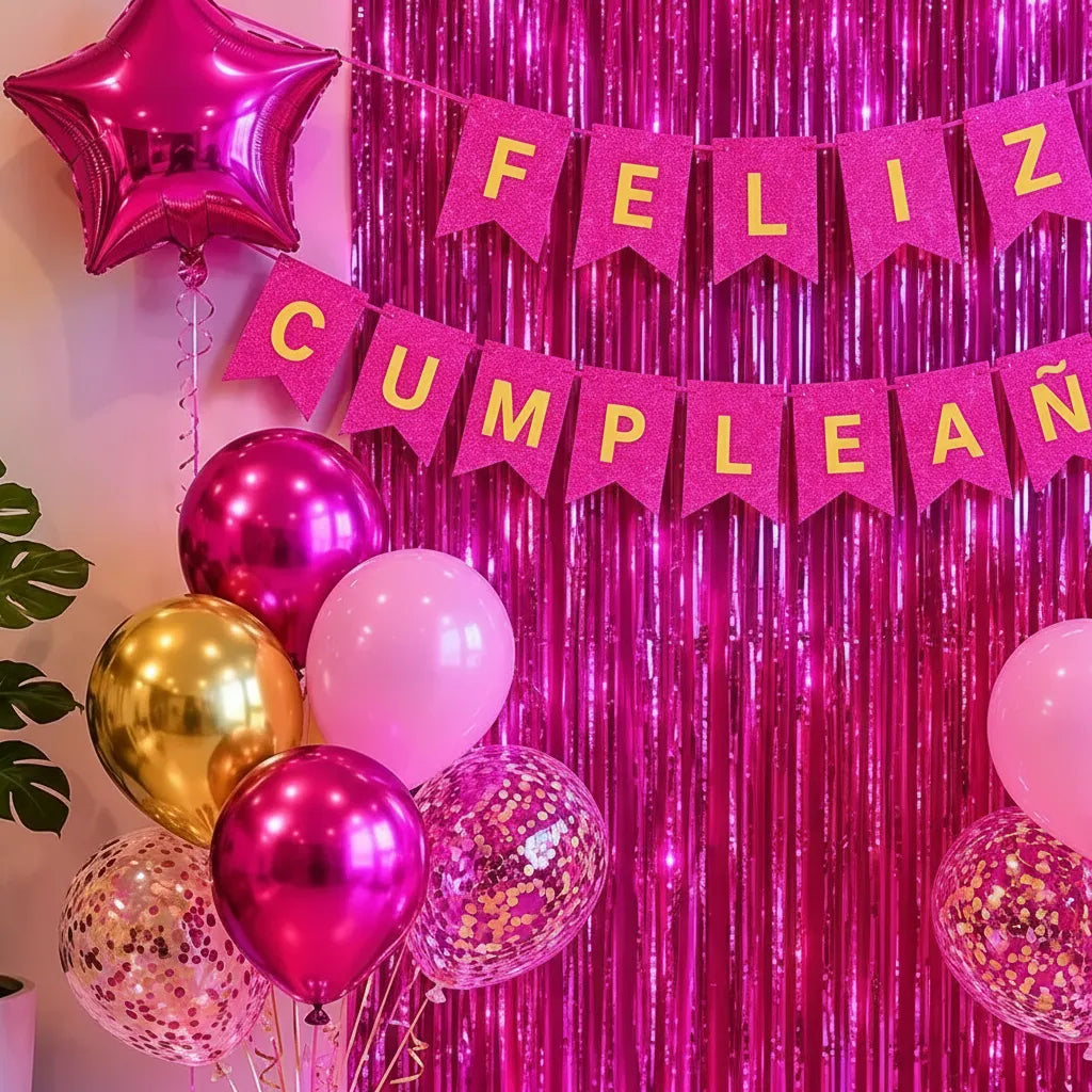 Kit Decoración Cumpleaños Fucsia | Cortina, Globos y Banderín | Cotillón Activarte