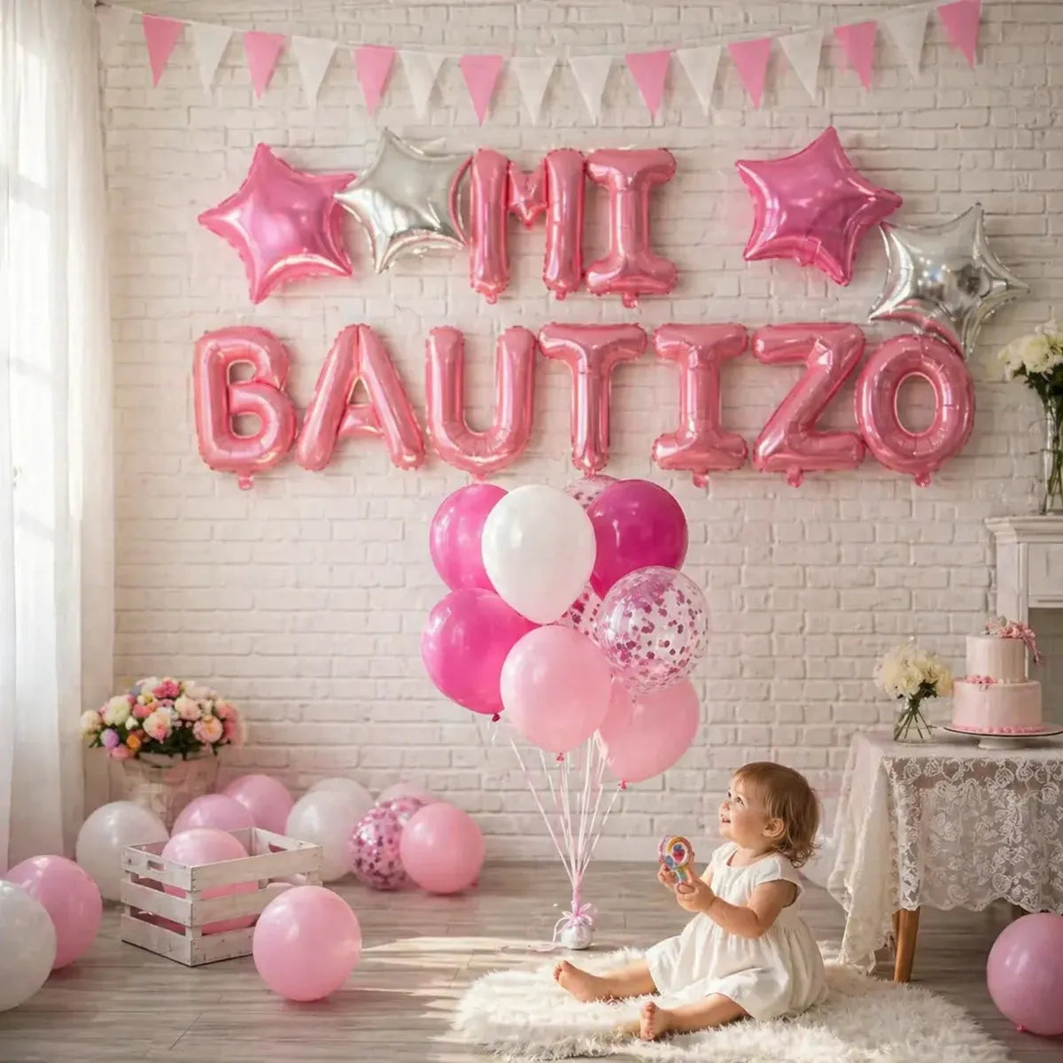 Set Globos Letras Mi Bautizo Rosado