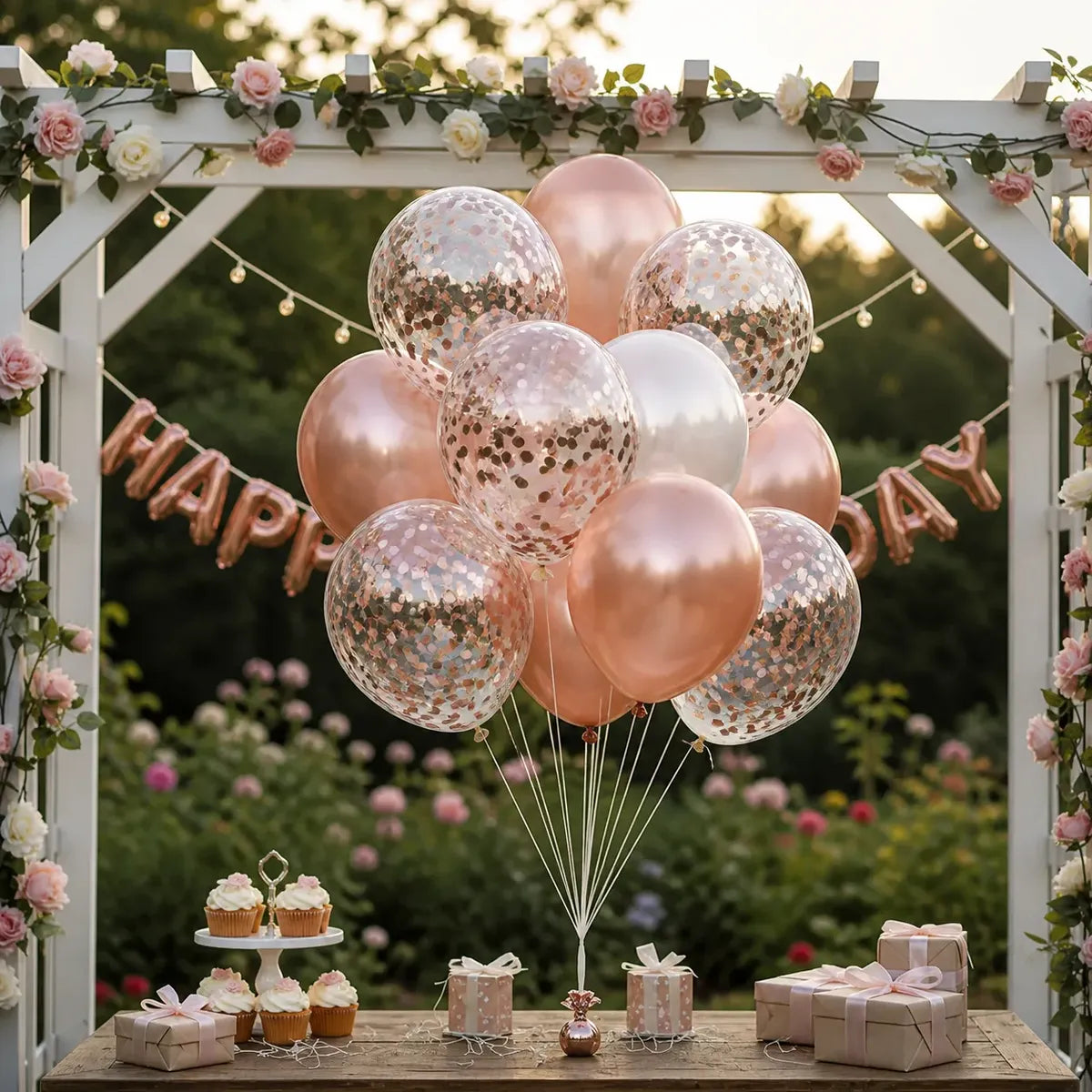 Set Globos Rose Gold Confeti Cromo Decoración Cumpleaños