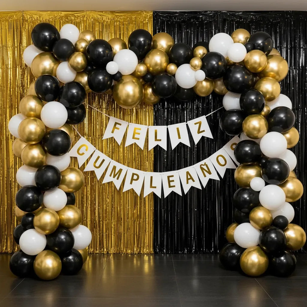 Kit Decoración Cumpleaños Negro Dorado Blanco