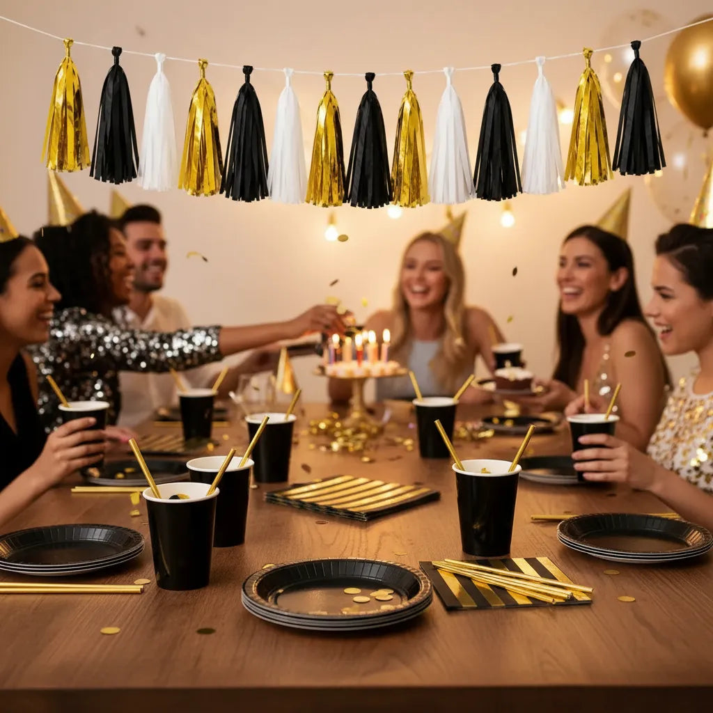 Kit Vajilla Decoración Cumpleaños Negro Dorado para 12 Personas