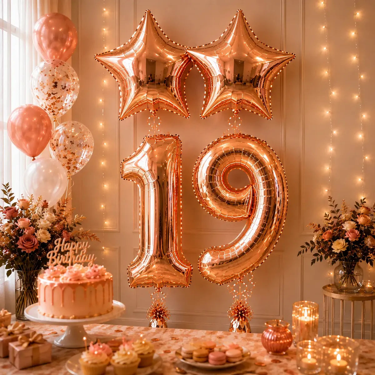 Set Decoración Cumpleaños Globos Número Rose Gold Estrella | Cotillón Activarte