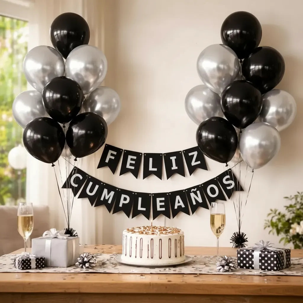 Kit Decoración Feliz Cumpleaños + Globos Negro Plateado | Cotillón Activarte
