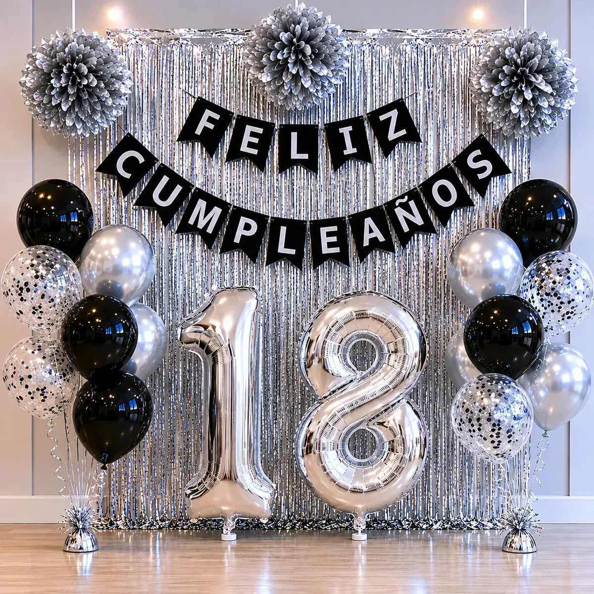 Kit Decoración Cumpleaños Plateado con Número | Cotillón Activarte