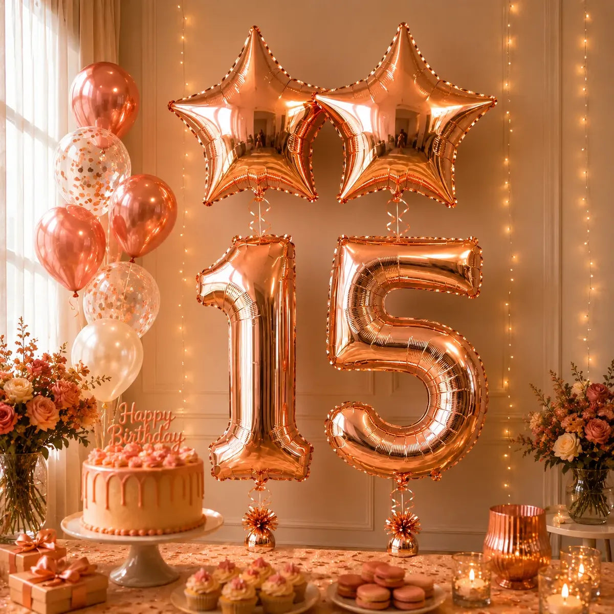 Set Decoración Cumpleaños Globos Número Rose Gold Estrella | Cotillón Activarte