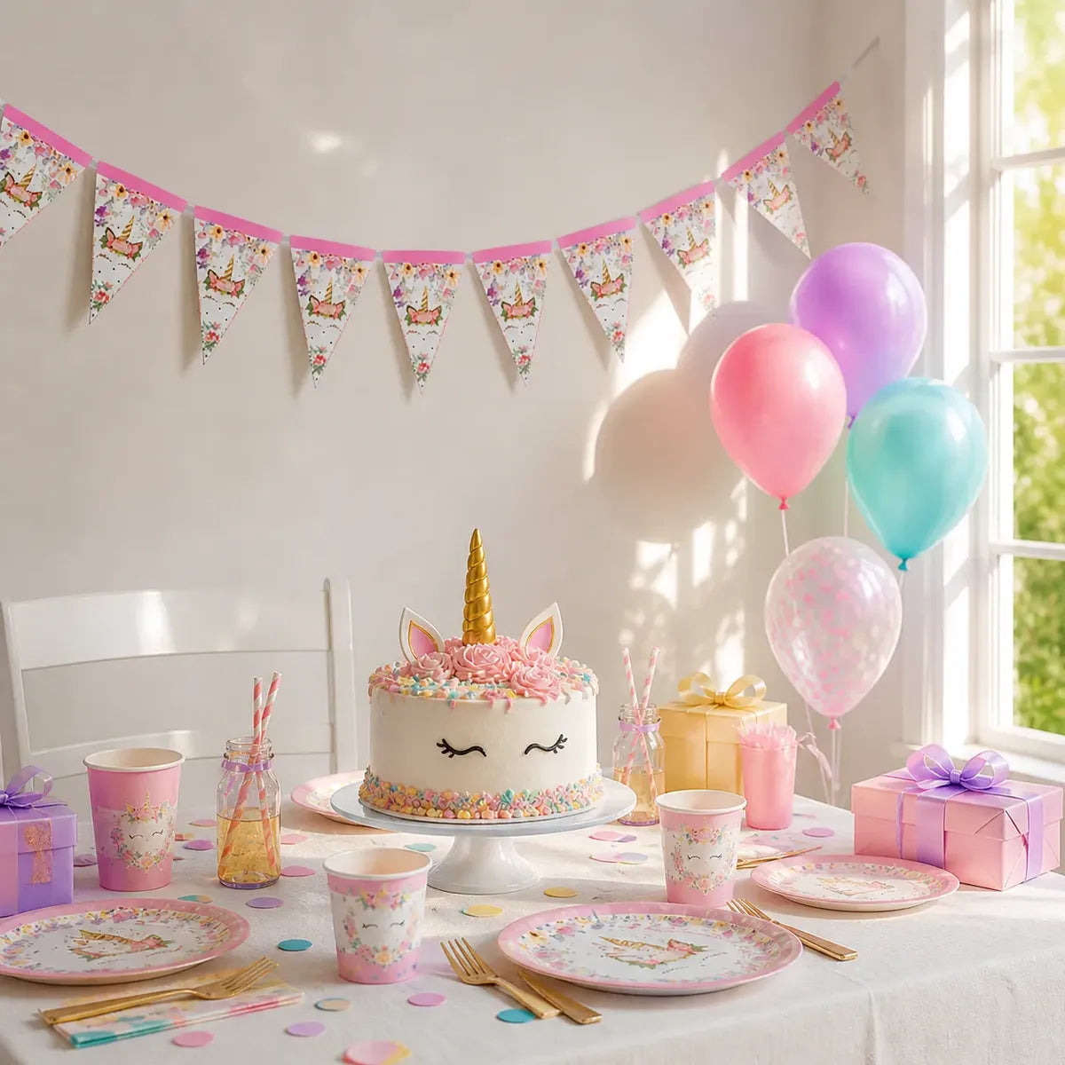 Pack Decoración Cumpleaños Unicornio Kawaii para 12 Personas