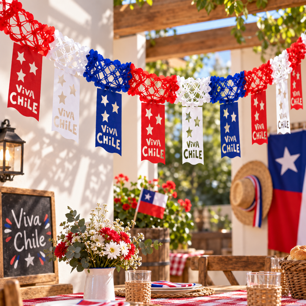 Guirnalda Banderín Colgante Viva Chile Tricolor
