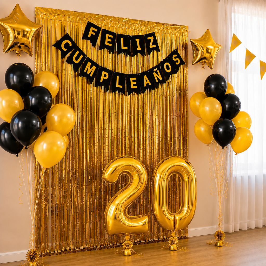 Kit Decoración Cumpleaños 20 Años Dorado Negro | Fiesta Completa