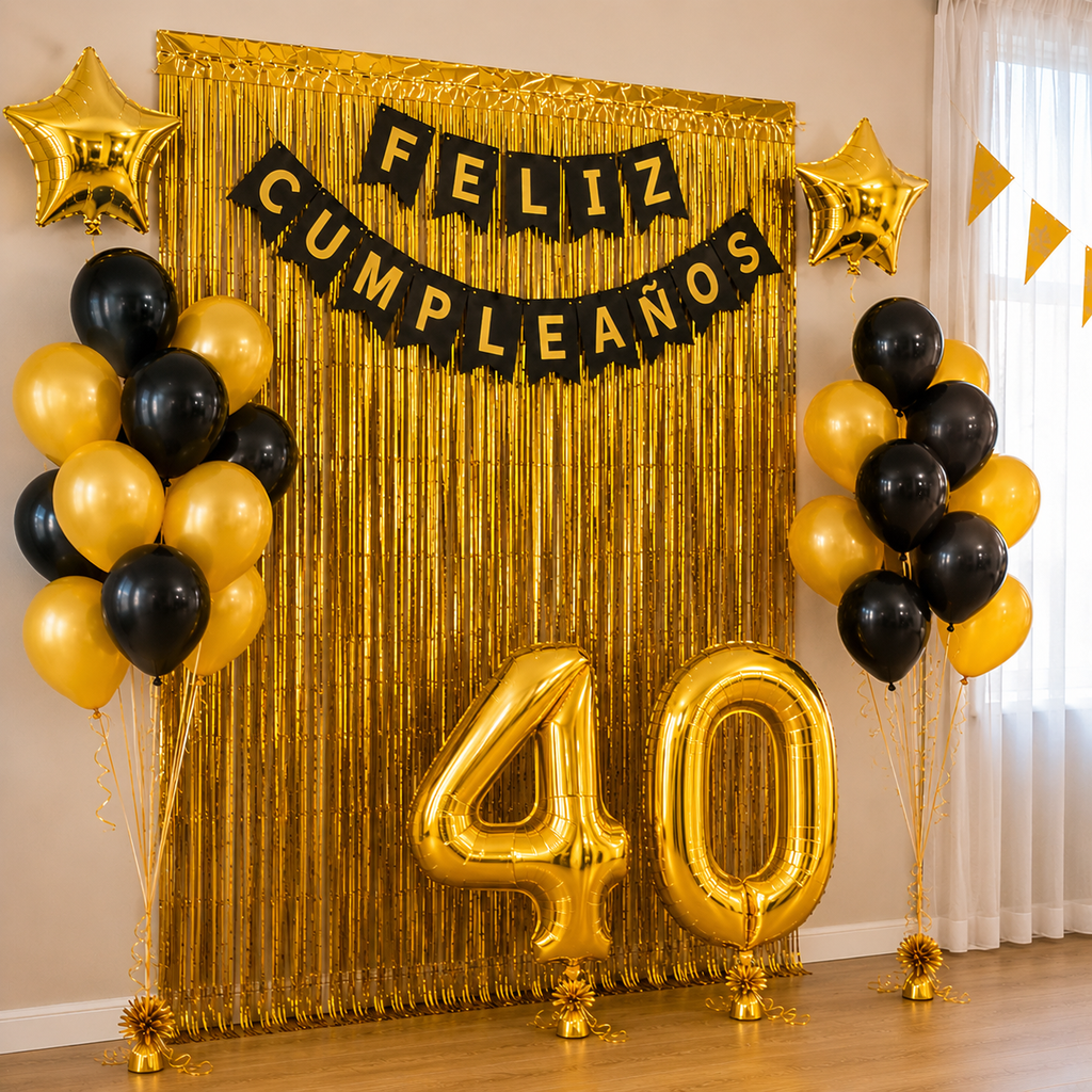 Kit Decoración Cumpleaños 40 Años Dorado Negro | Fiesta Completa