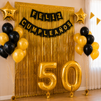 Kit Decoración Cumpleaños 50 Años Dorado Negro | Fiesta Completa