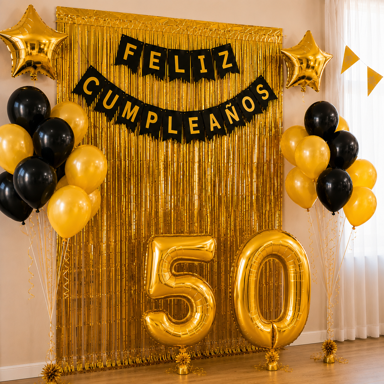 Kit Decoración Cumpleaños 50 Años Dorado Negro | Fiesta Completa