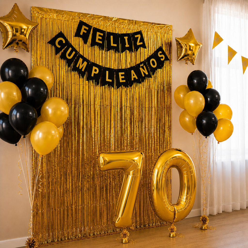 Kit Decoración Cumpleaños 70 Años Dorado Negro | Fiesta Completa