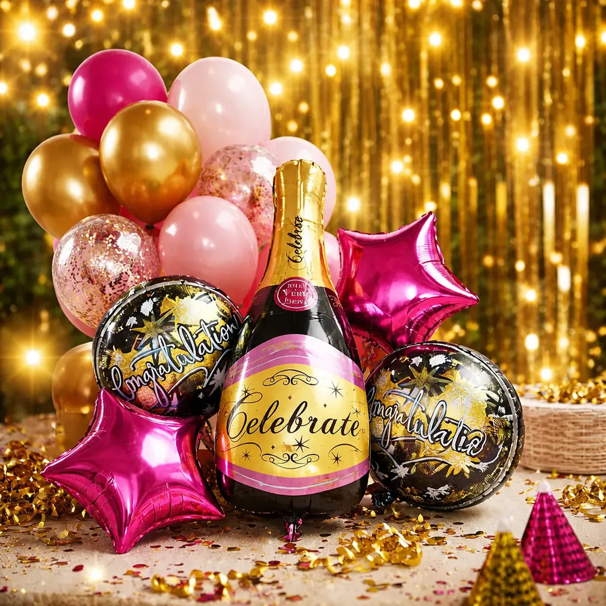 Kit Decoración Cumpleaños Champaña y Fucsia | Cortina, Globos y Guirnalda | Cotillón Activarte