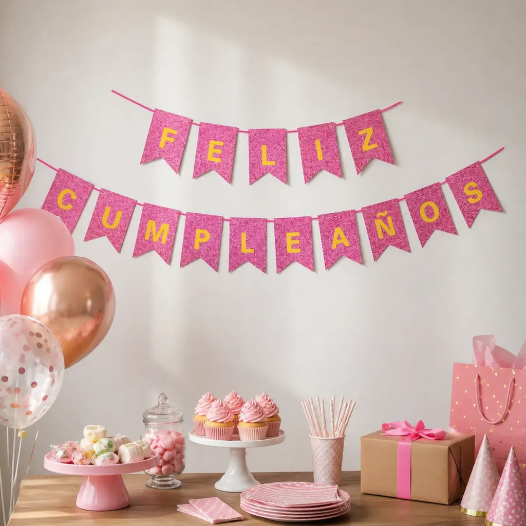 Kit Decoración Cumpleaños Champaña y Fucsia | Cortina, Globos y Guirnalda | Cotillón Activarte